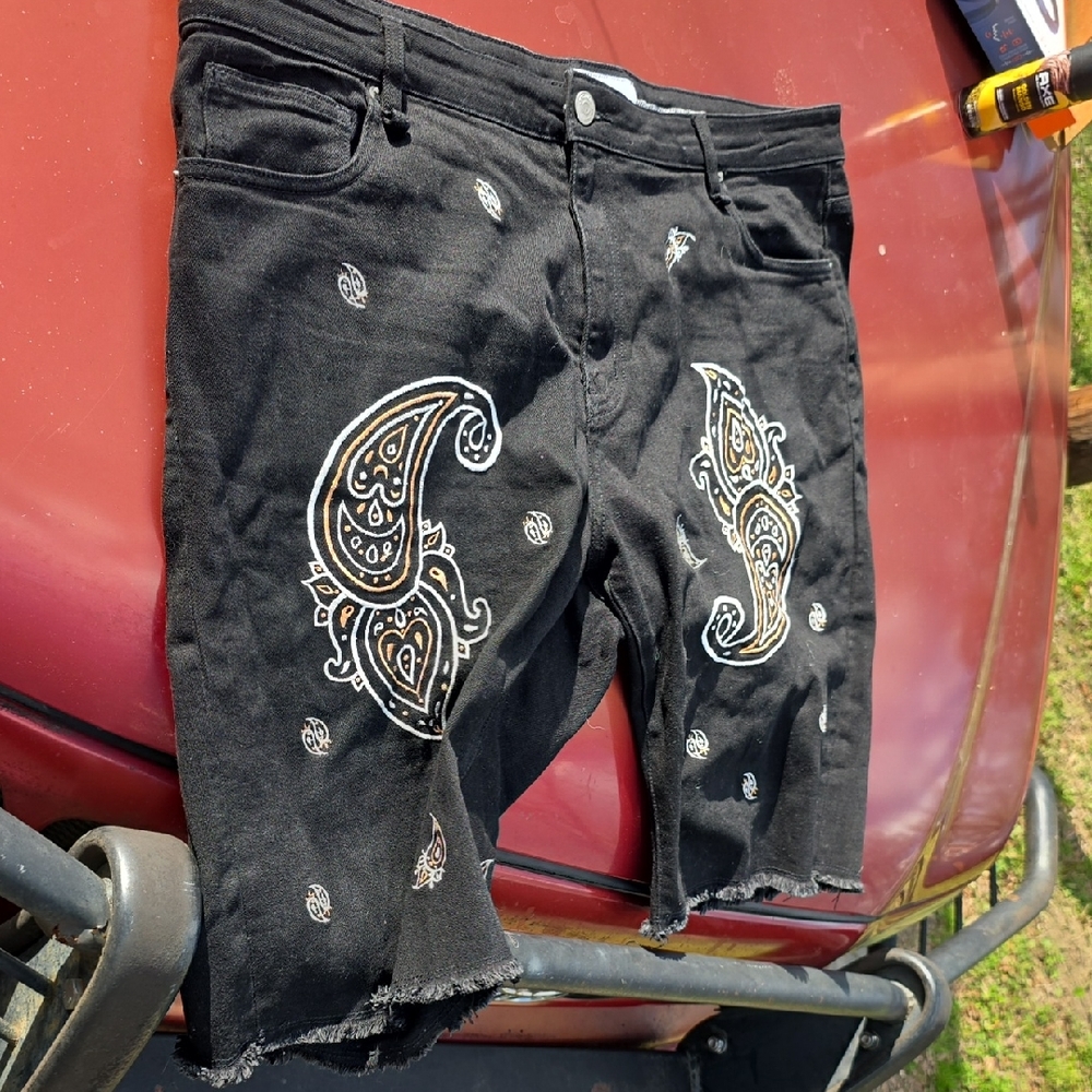 Black Jean Shorts with Paisley Embroidery